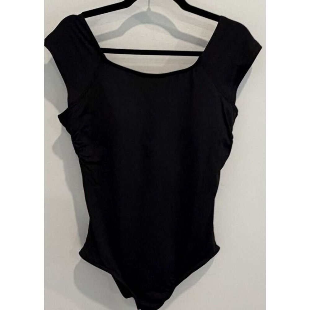 Lands End Solid‎ Black Cap Sleeve Strappy Back One Piece Swimsuit Size 14D